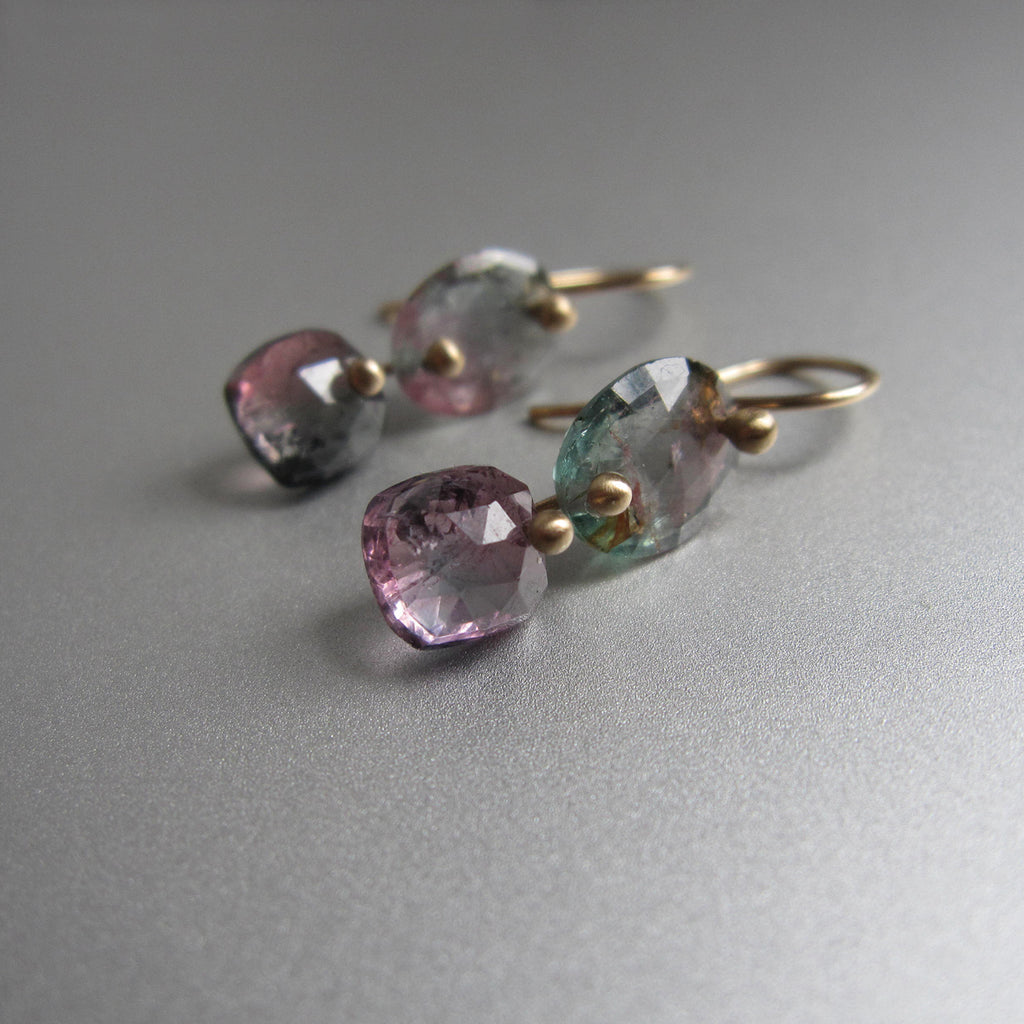watermelon tourmaline light pink and green double drops solid 14k gold earrings2
