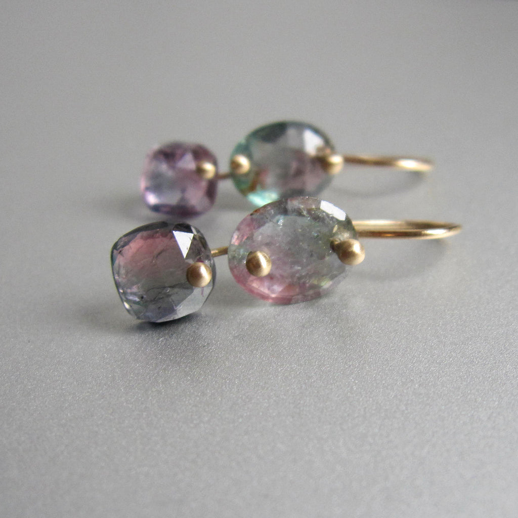 watermelon tourmaline light pink and green double drops solid 14k gold earrings