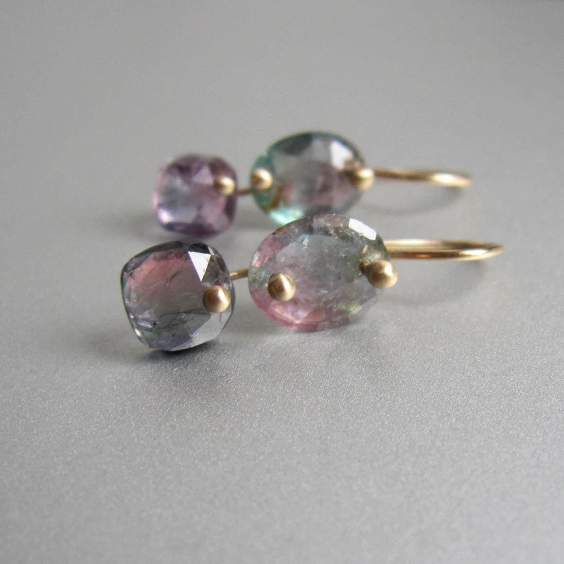 watermelon tourmaline light pink and green double drops solid 14k gold earrings