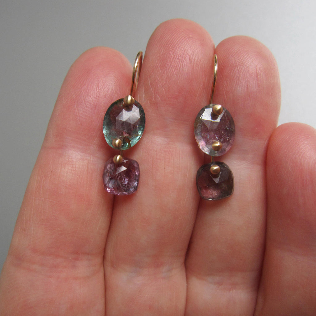 watermelon tourmaline light pink and green double drops solid 14k gold earrings4