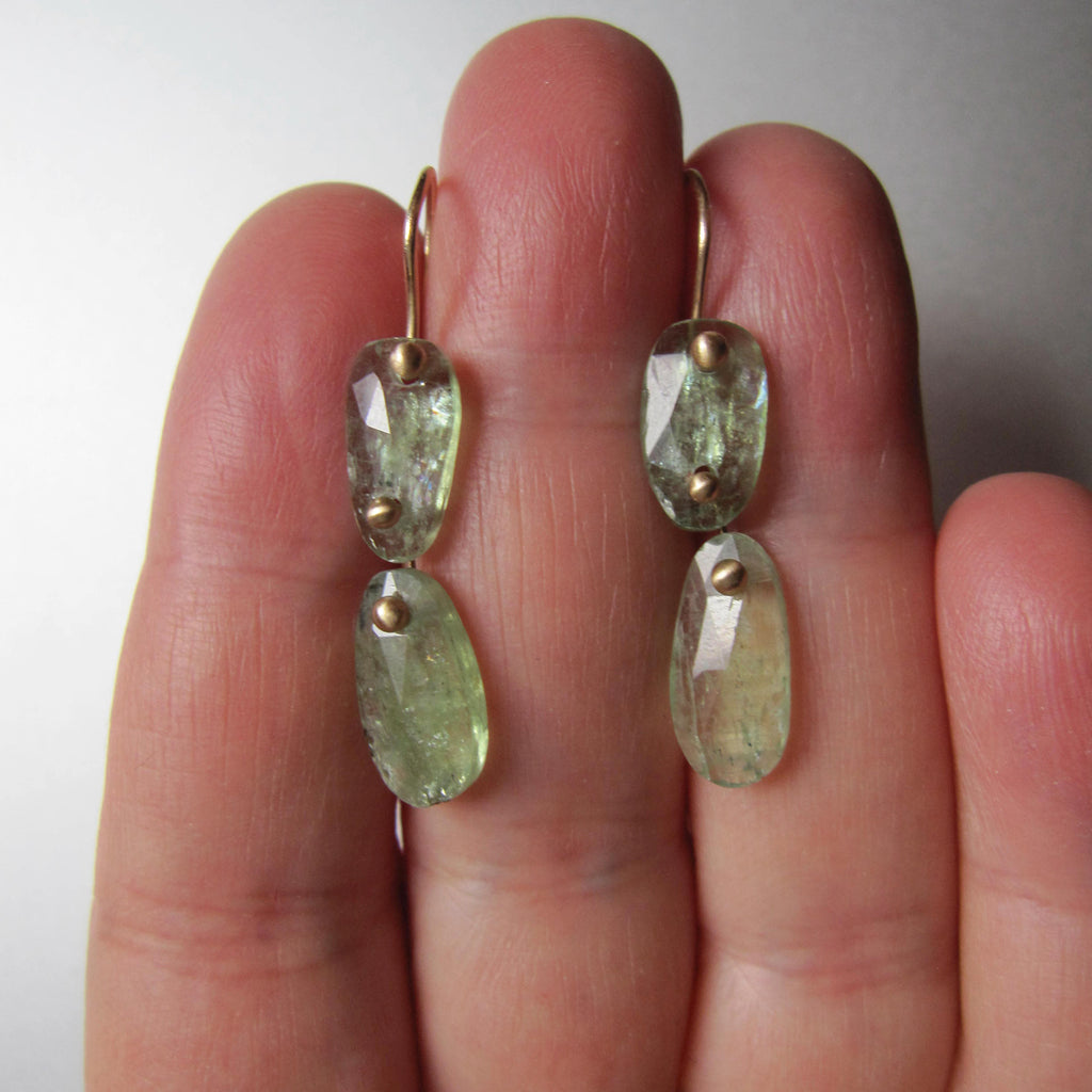 light green kyanite rose cut double drop solid 14k gold earrings4