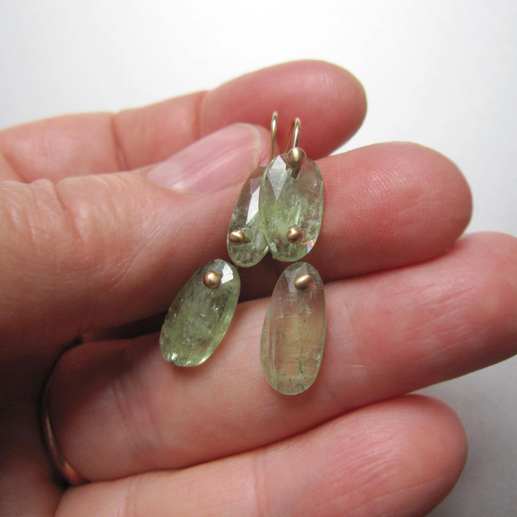 light green kyanite rose cut double drop solid 14k gold earrings6