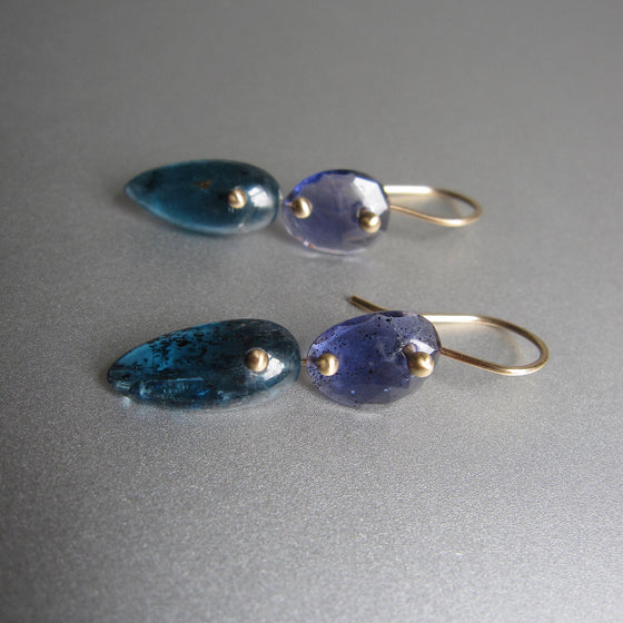 iolite and kyanite double drops solid 14k gold earrings