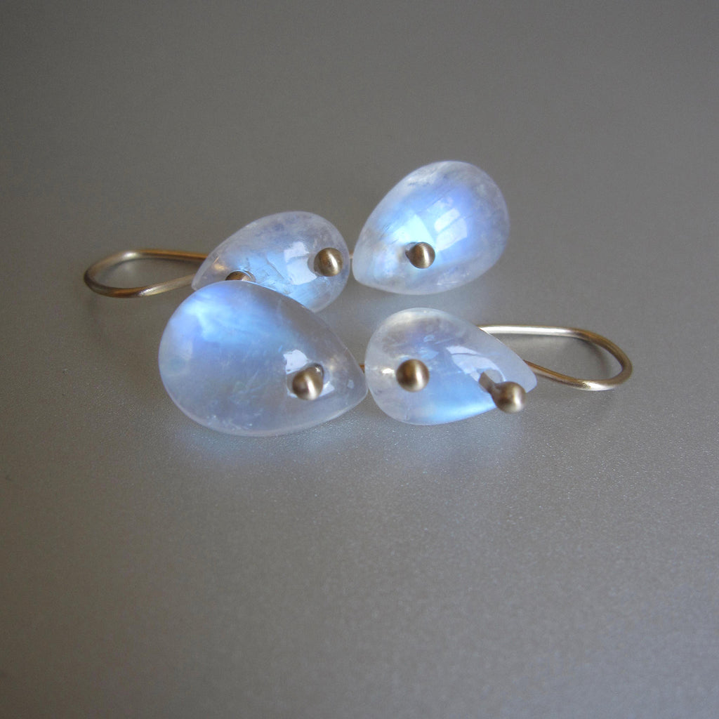 Rainbow Moonstone Smooth Double Drops, Solid 14k Gold Earrings