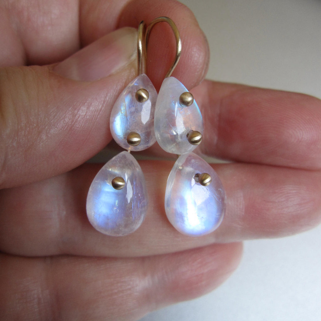Rainbow Moonstone Smooth Double Drops, Solid 14k Gold Earrings