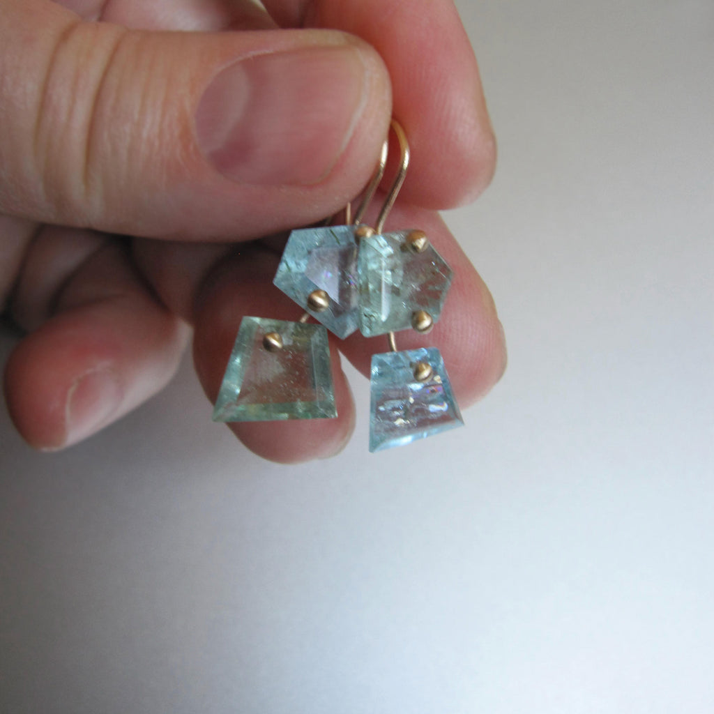 blue and green moss aquamarine nugget double drops solid 14k gold earrings2