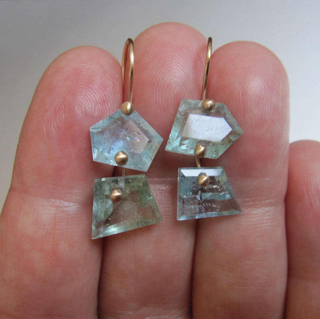 blue and green moss aquamarine nugget double drops solid 14k gold earrings3