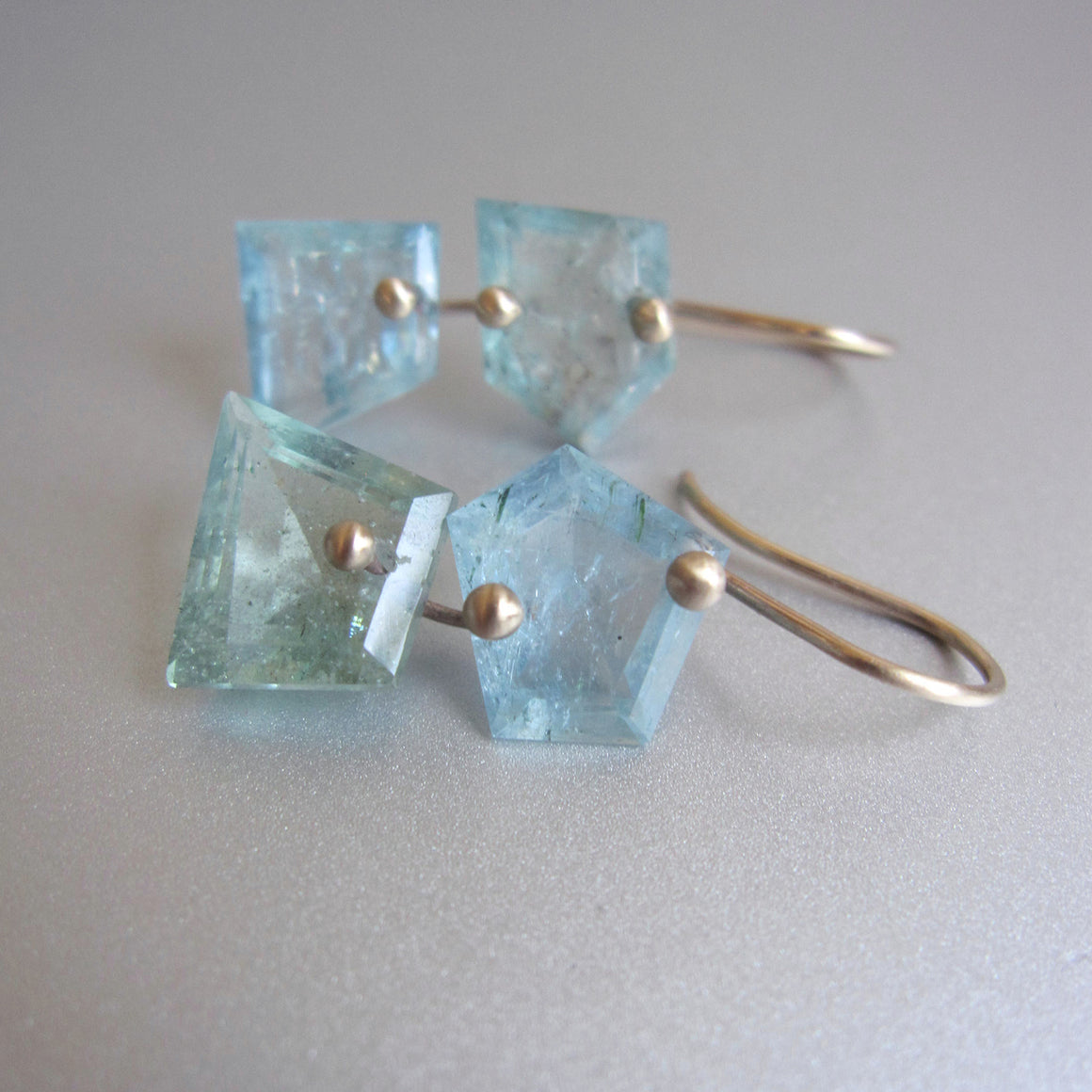 blue and green moss aquamarine nugget double drops solid 14k gold earrings