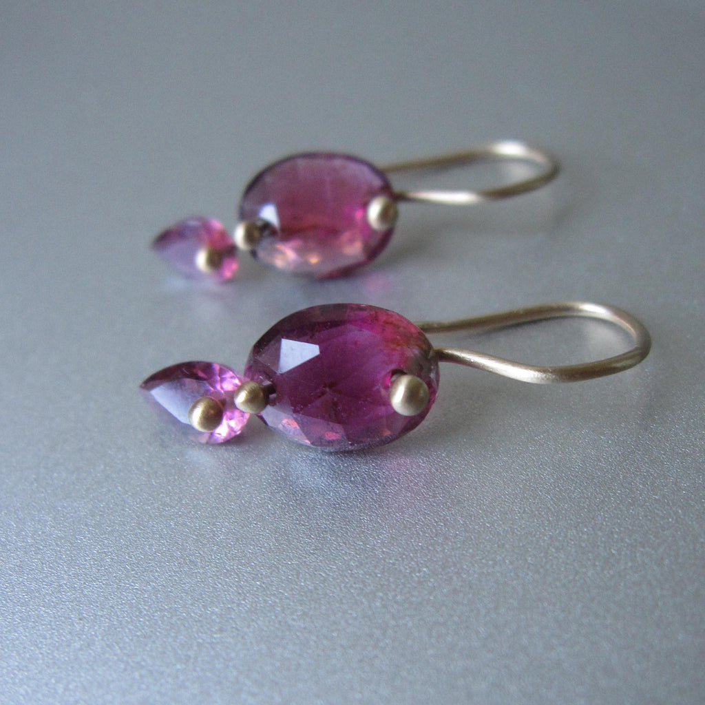 small dark pink tourmaline double drops solid 14k gold earrings