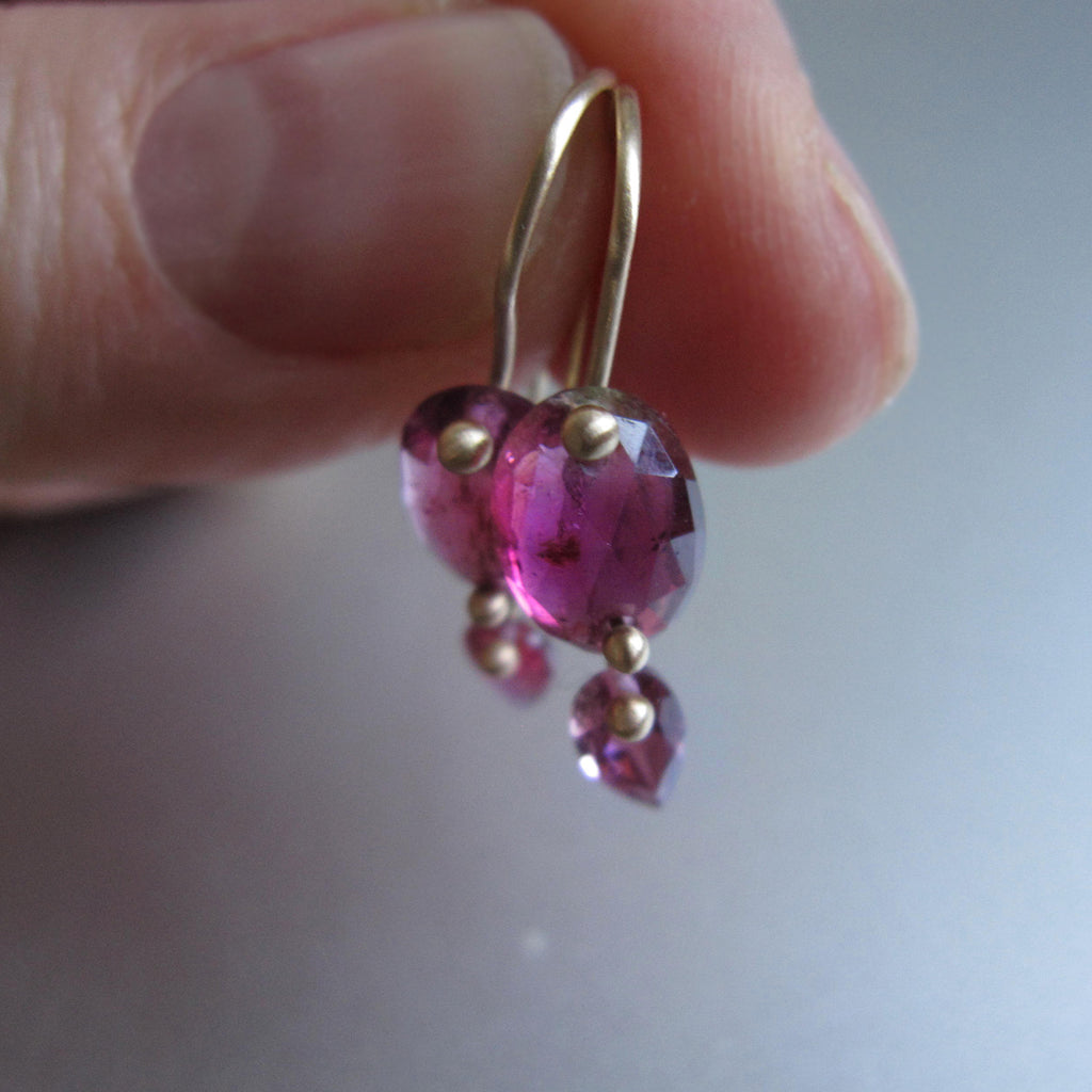small dark pink tourmaline double drops solid 14k gold earrings2