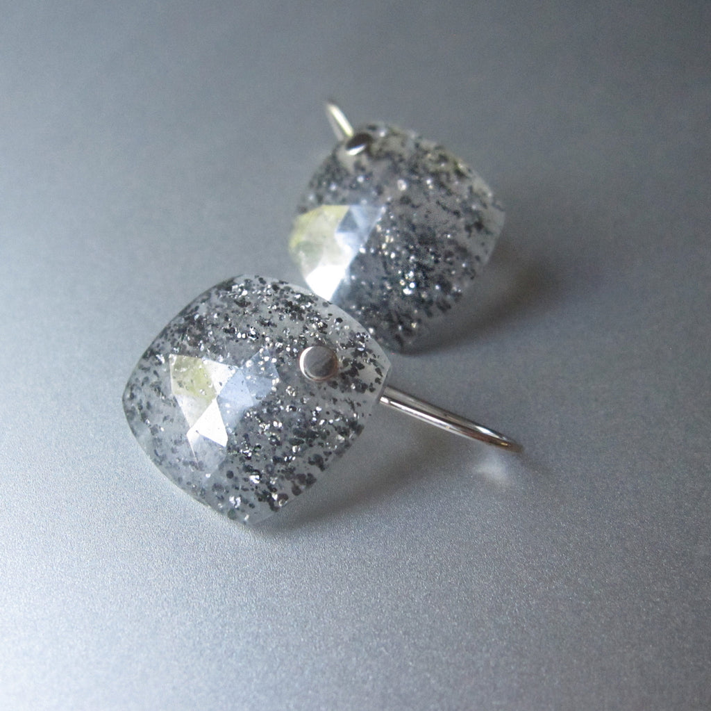 Rose Cut Black Sunstone Diamond Slices, Solid 14k White Gold Earrings