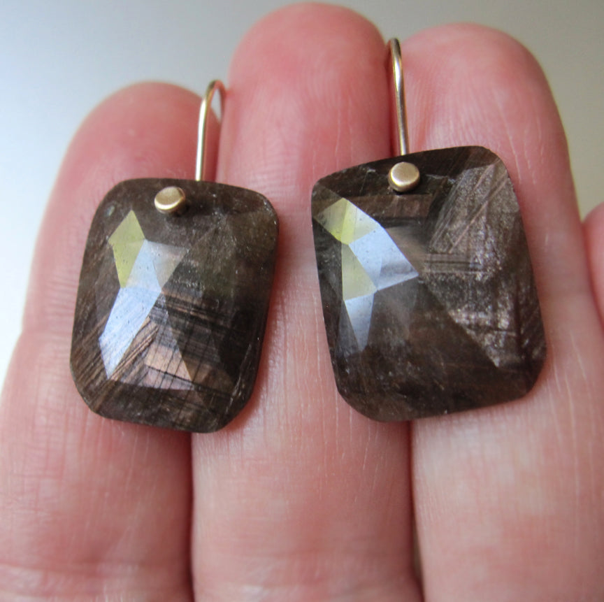 chocolate sapphire rose cut cushion drops solid 14k gold earrings