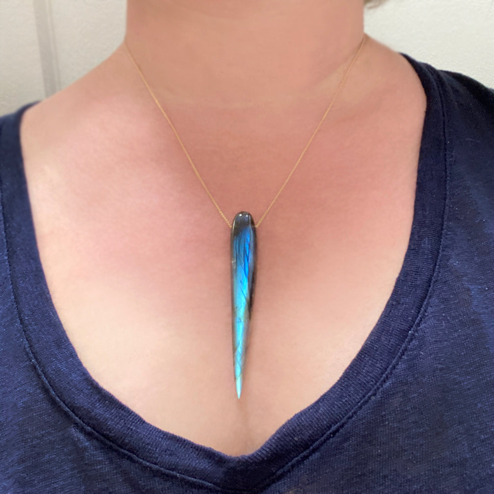 blue labradorite long spike solid 14k gold necklace