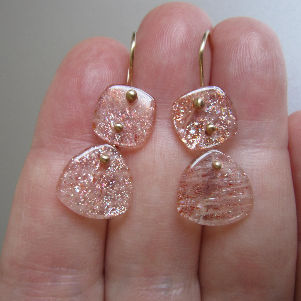sunstone double slice drops solid 14k gold earrings