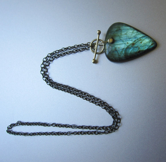 Large Labradorite Drop Solid 14k Green Gold and Sterling Silver Toggle Necklace