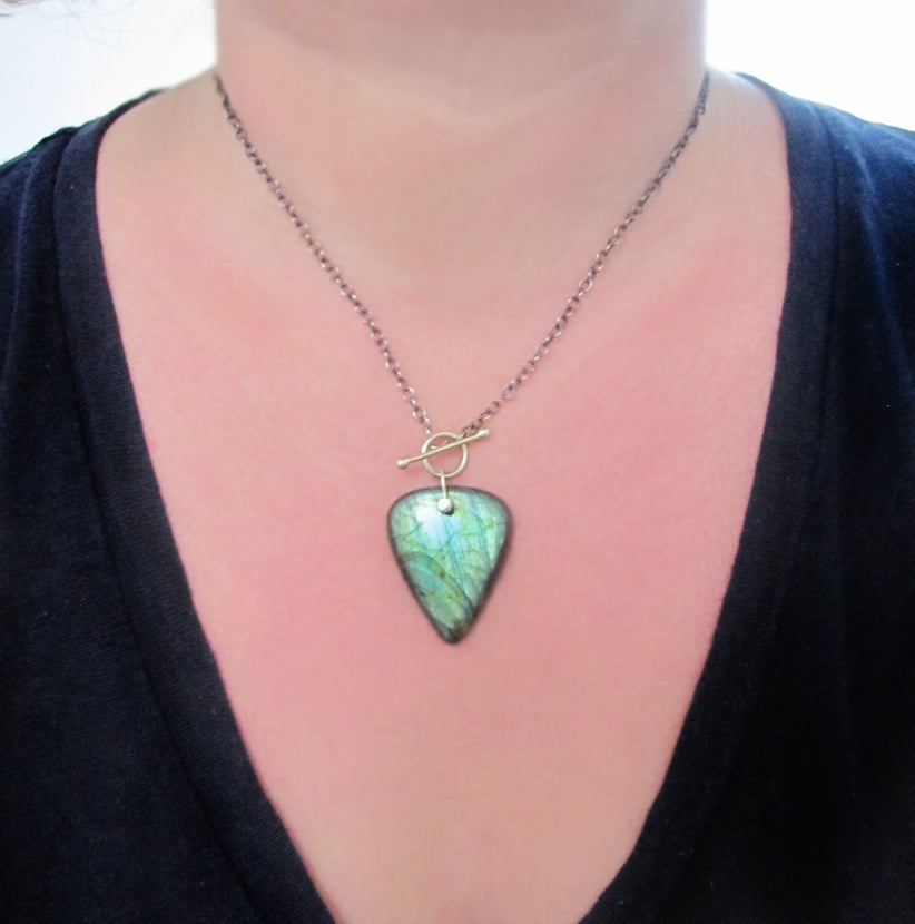 Large Labradorite Drop Solid 14k Green Gold and Sterling Silver Toggle Necklace5