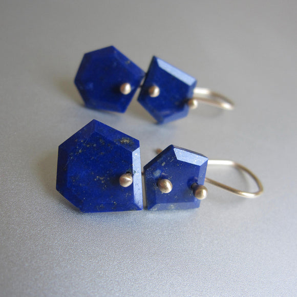 lapis lazuli double slice mismatched solid 14k gold earrings