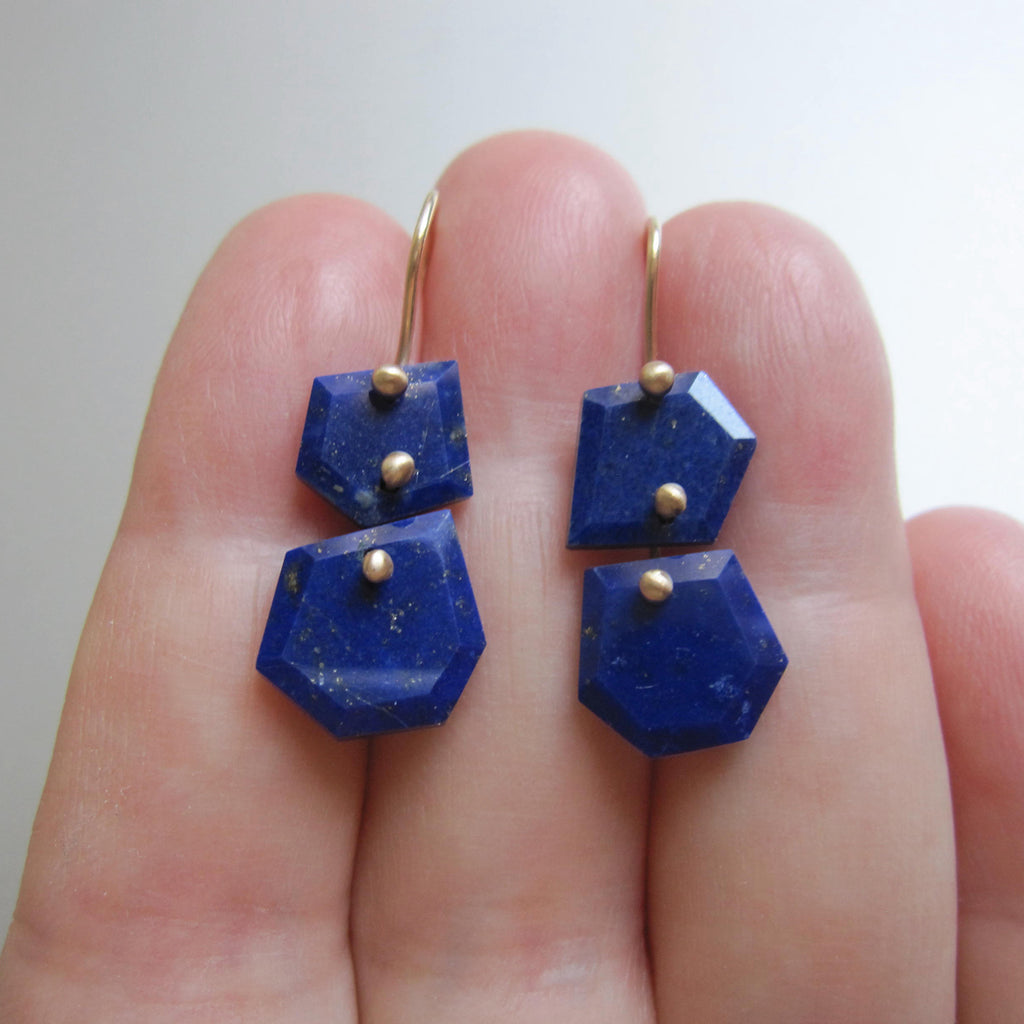 lapis lazuli double slice mismatched solid 14k gold earrings5