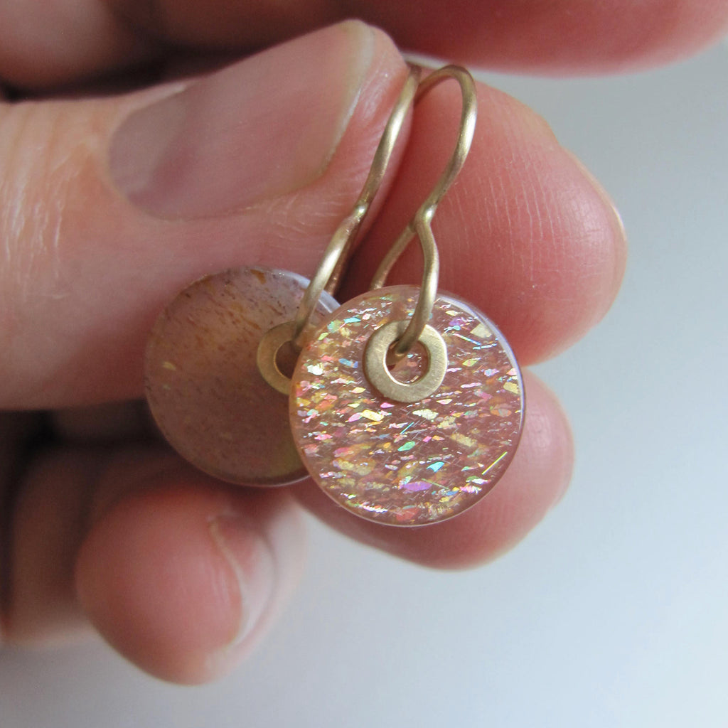 sunstone discs with sequin accents solid 14k gold earrings
