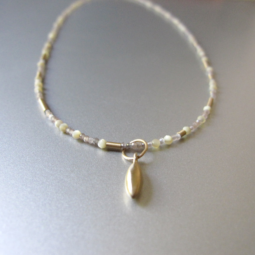 Tiny Seed Bead Warm Moonstone and Mother of Pearl Solid 14k Gold Necklace2