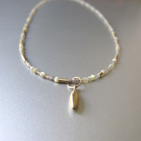 Tiny Seed Bead Warm Moonstone and Mother of Pearl Solid 14k Gold Necklace
