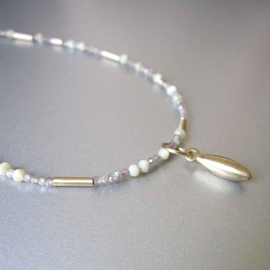 Tiny Seed Bead Warm Moonstone and Mother of Pearl Solid 14k Gold Necklace3