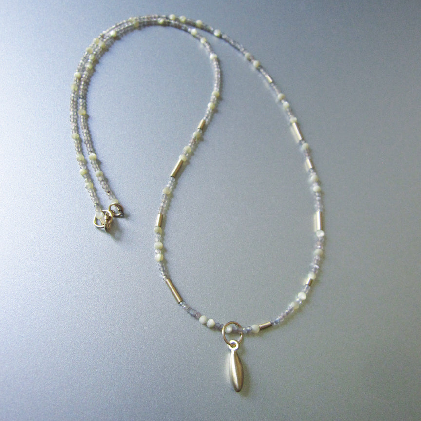 Tiny Seed Bead Warm Moonstone and Mother of Pearl Solid 14k Gold Necklace4