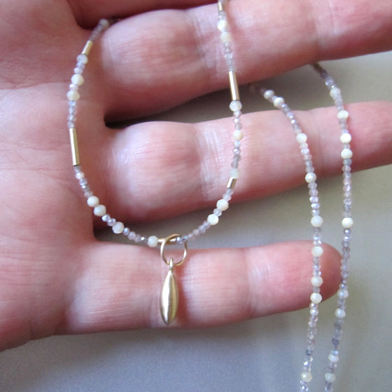 Tiny Seed Bead Warm Moonstone and Mother of Pearl Solid 14k Gold Necklace