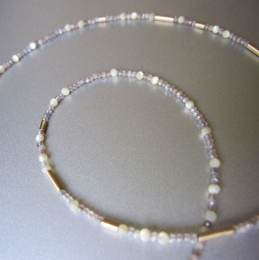 Tiny Seed Bead Warm Moonstone and Mother of Pearl Solid 14k Gold Necklace5