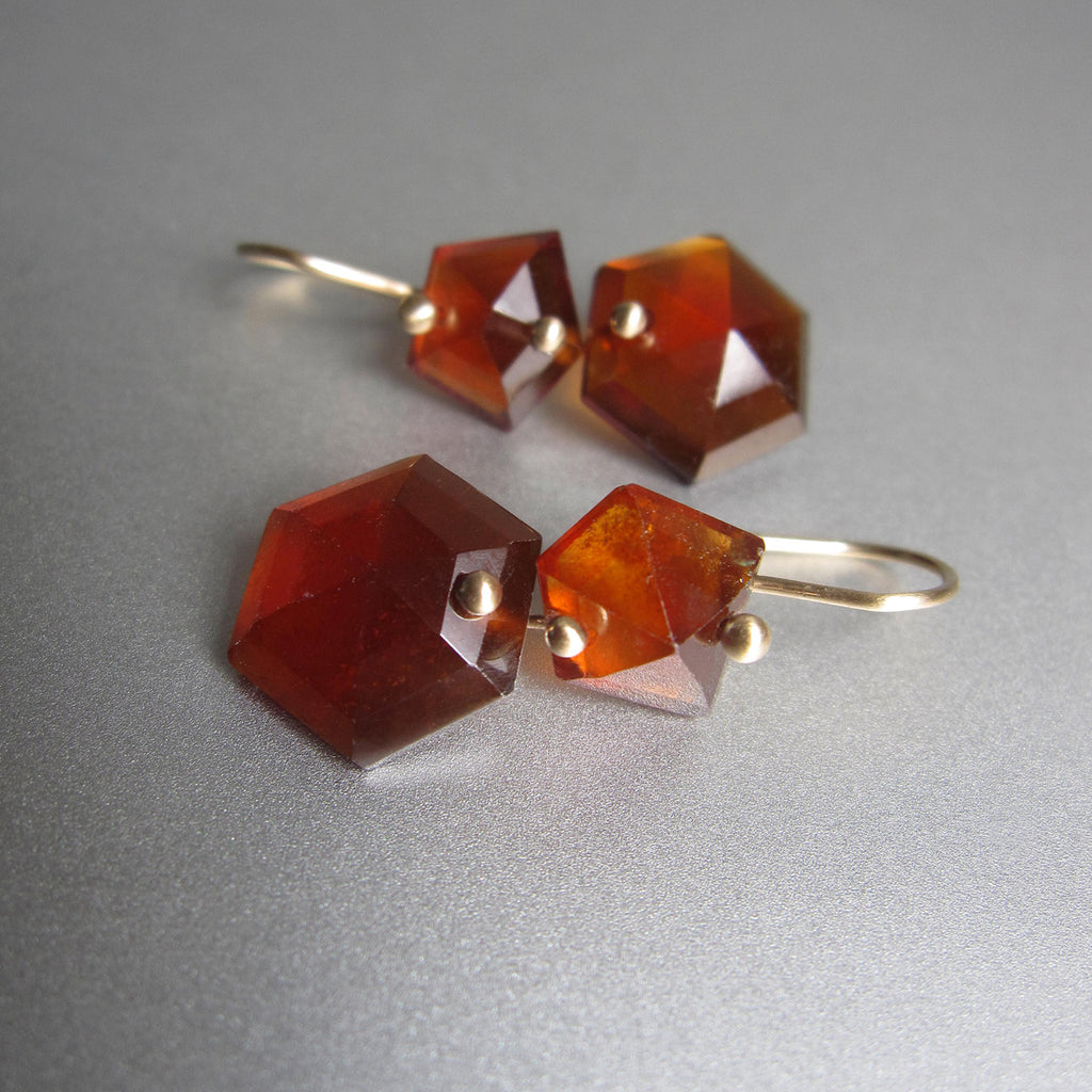 hessonite garnet mismatched double drops solid 14k gold earrings