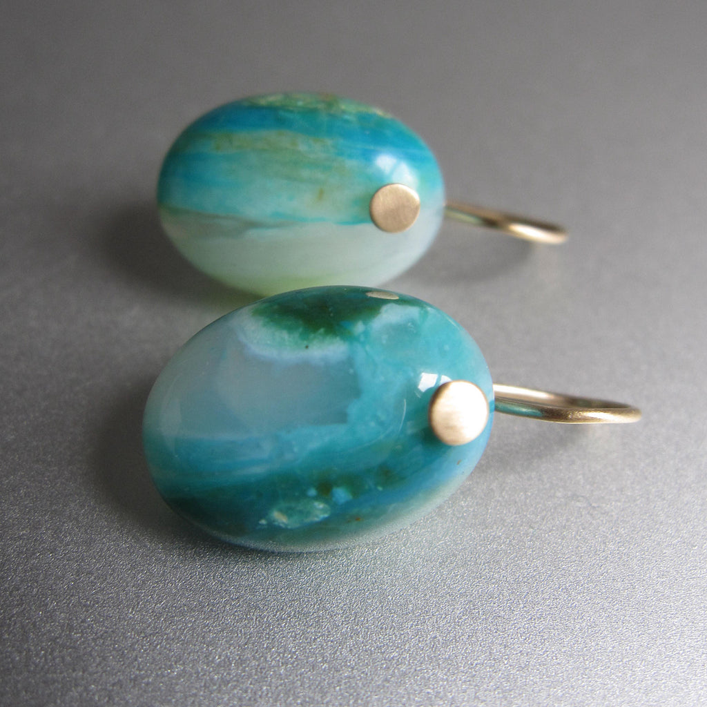 Peruvian Blue Opal Oval Drop, Solid 14k Gold Earrings