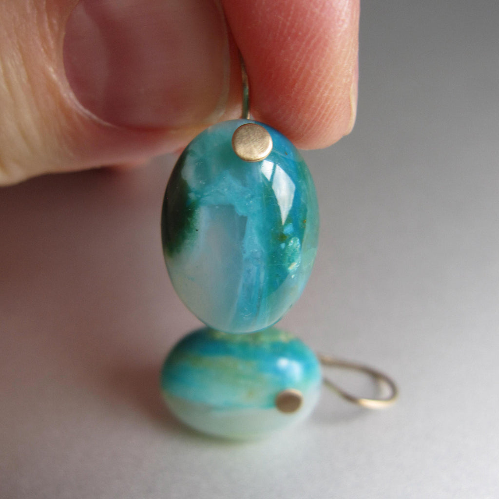 Peruvian Blue Opal Oval Drop, Solid 14k Gold Earrings