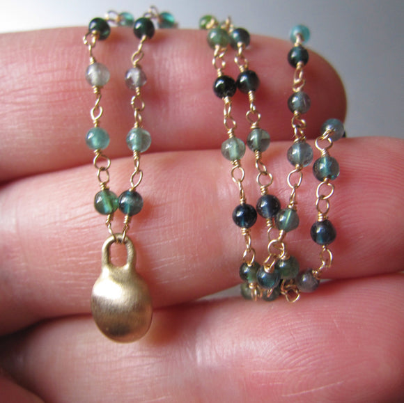 indicolite blue green tourmaline seed bead necklace with large gold drop solid 14k gold necklace