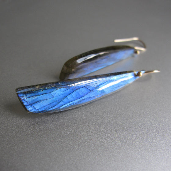 blue labraorite long curved drops solid 14k gold earrings