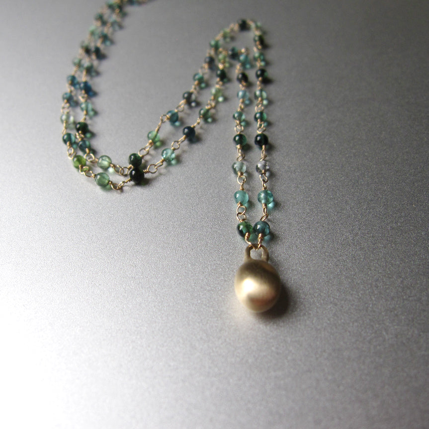 indicolite blue green tourmaline seed bead necklace with large gold drop solid 14k gold necklace