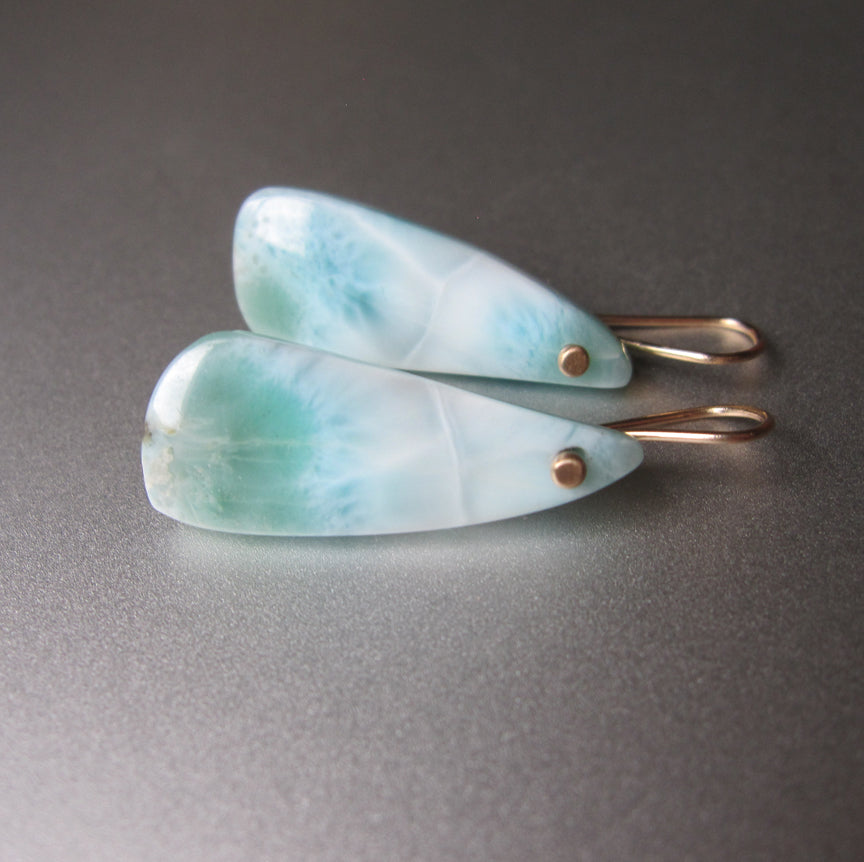 long curved larimar drops solid 14k gold earrings