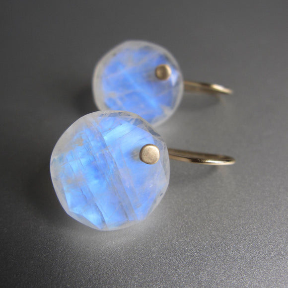 rainbow moonstone station cut discs solid 14k gold earrings