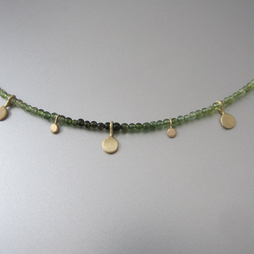 Green Tourmaline Seed Bead Gold Discs Solid 14k Gold Necklace