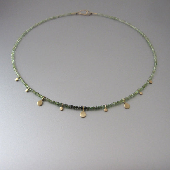 Green Tourmaline Seed Bead Gold Discs Solid 14k Gold Necklace