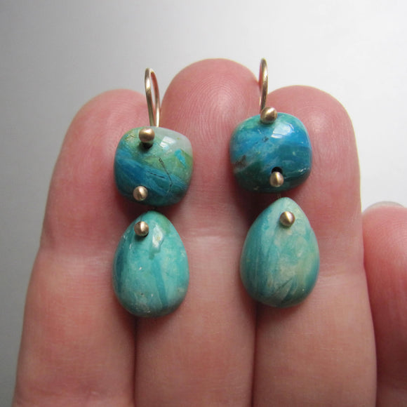 peruvian opal double drops solid 14k gold earrings