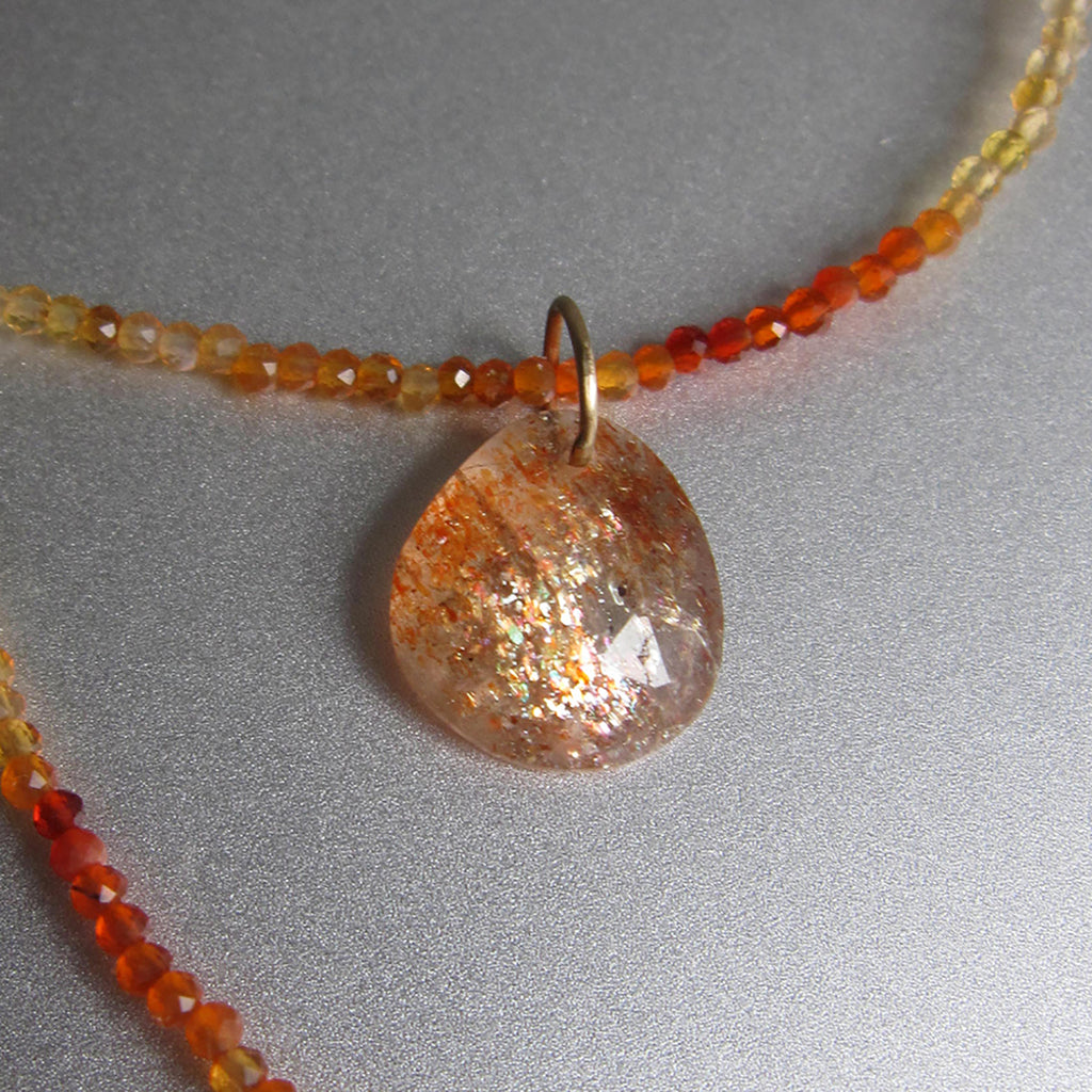 fire opal seed bead necklace with sunstone pendant and solid gold clasp5