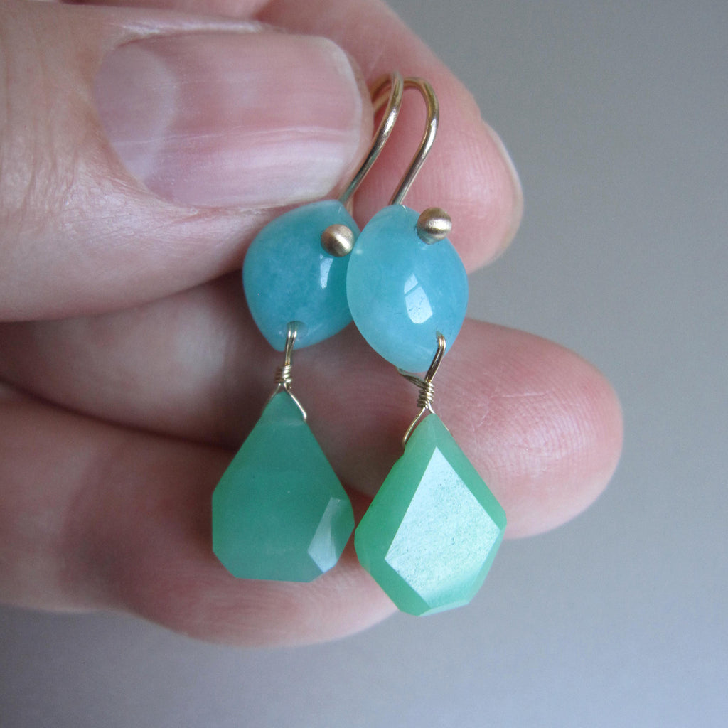 amazonite and chrysoprase double drop solid 14k gold earrings