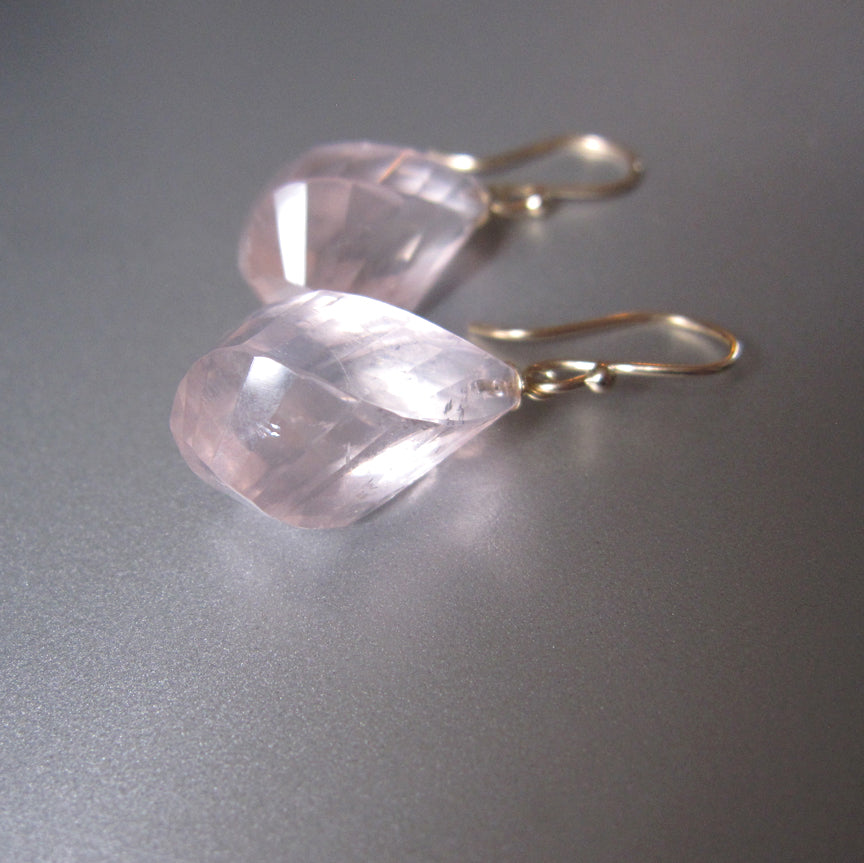 Large Twisted Faceted Rose Quartz Drops Solid 14k Gold Earrings