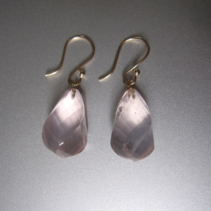 Large Twisted Faceted Rose Quartz Drops Solid 14k Gold Earrings4