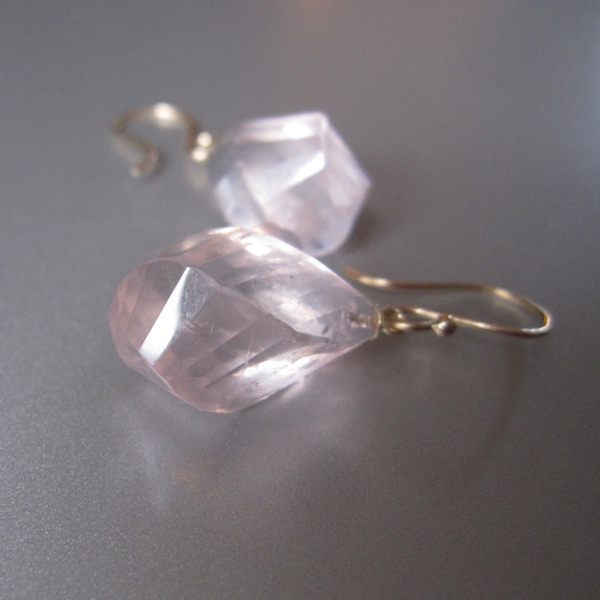 Large Twisted Faceted Rose Quartz Drops Solid 14k Gold Earrings2