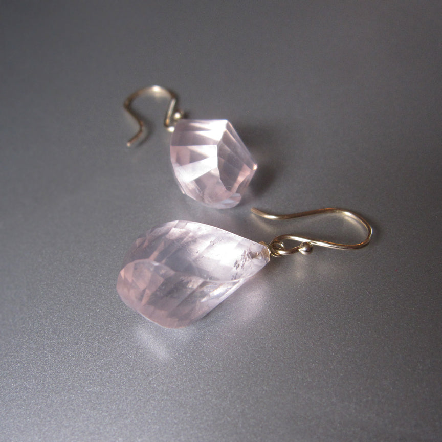 Large Twisted Faceted Rose Quartz Drops Solid 14k Gold Earrings5