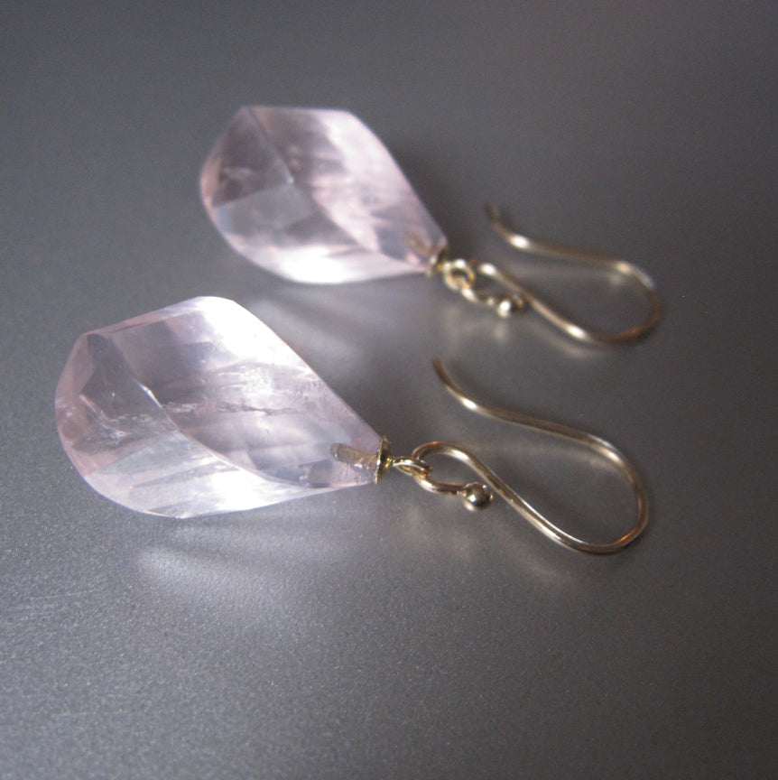 Large Twisted Faceted Rose Quartz Drops Solid 14k Gold Earrings3