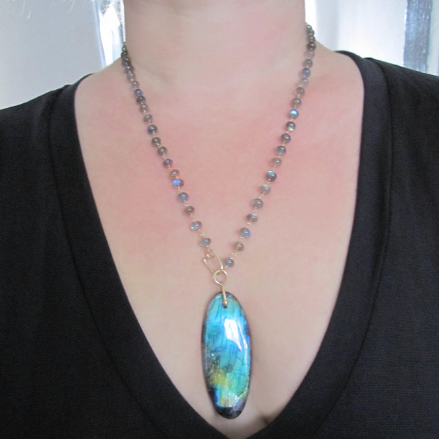 long beaded labradorite chain necklace with large oval pendant solid 14k gold5