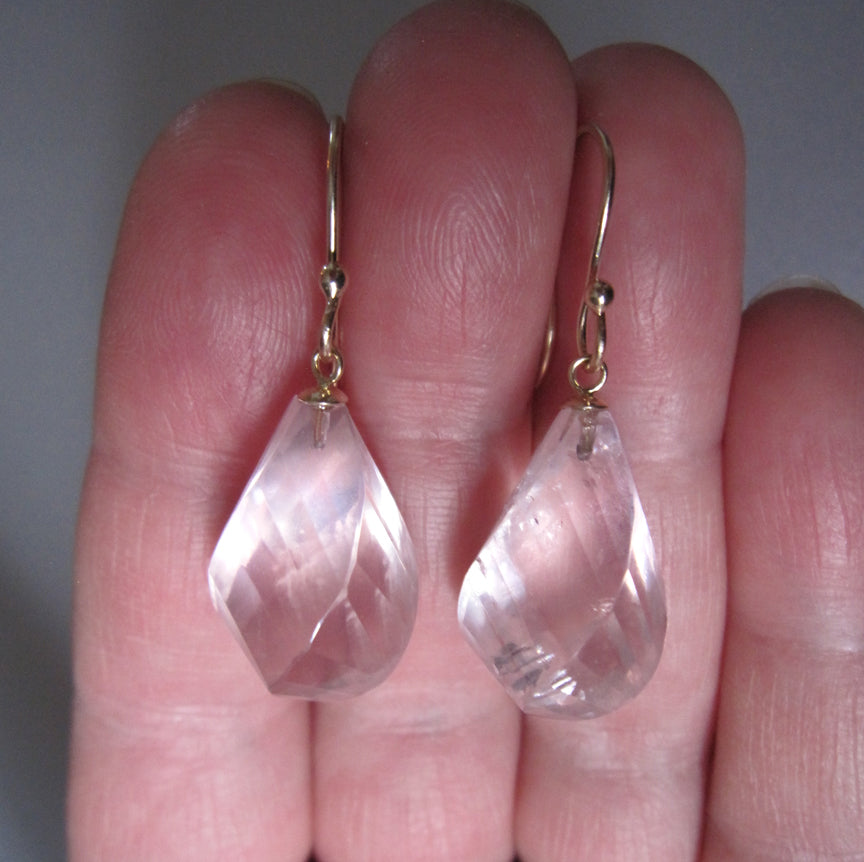 Large Twisted Faceted Rose Quartz Drops Solid 14k Gold Earrings6