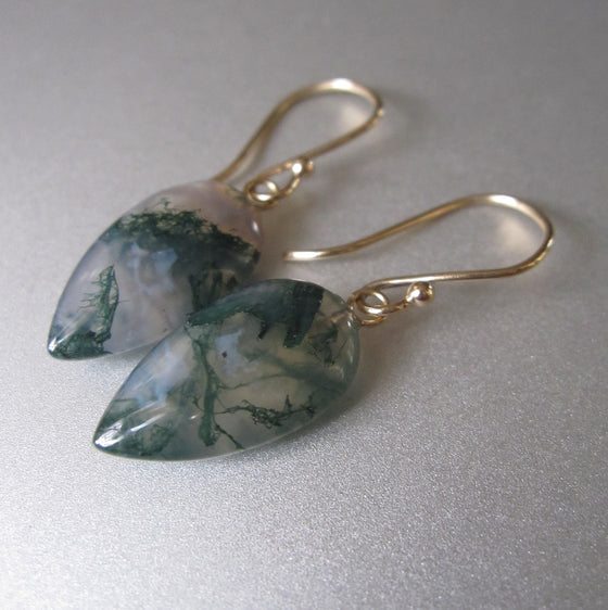 Reserved For Nina --- Moss Agate Pointed Drops, Solid 14k Gold Earrings